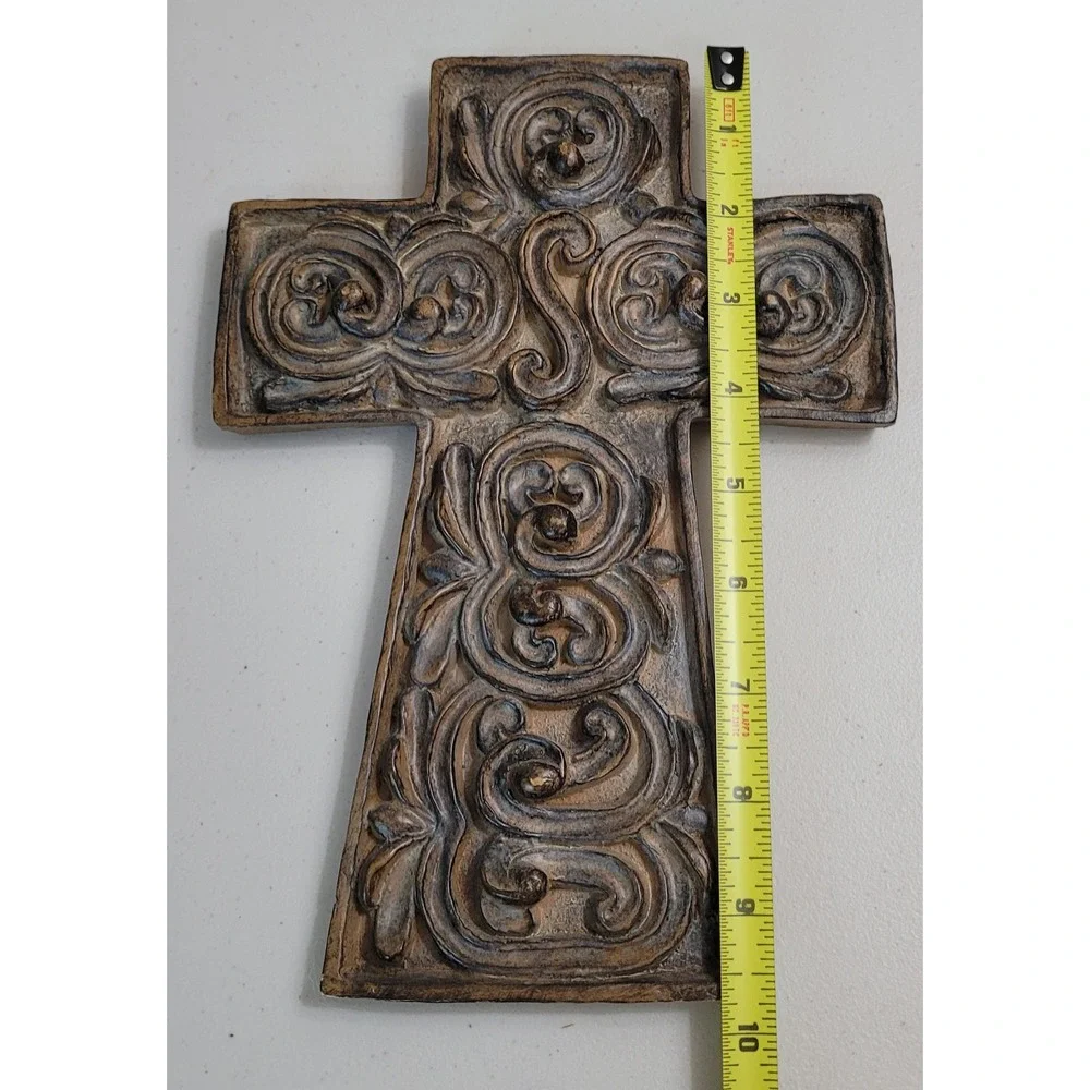 Ornate Scrollwork Wall Cross Bronze Finish Rustic Religious Home Decor 9.5 Inch